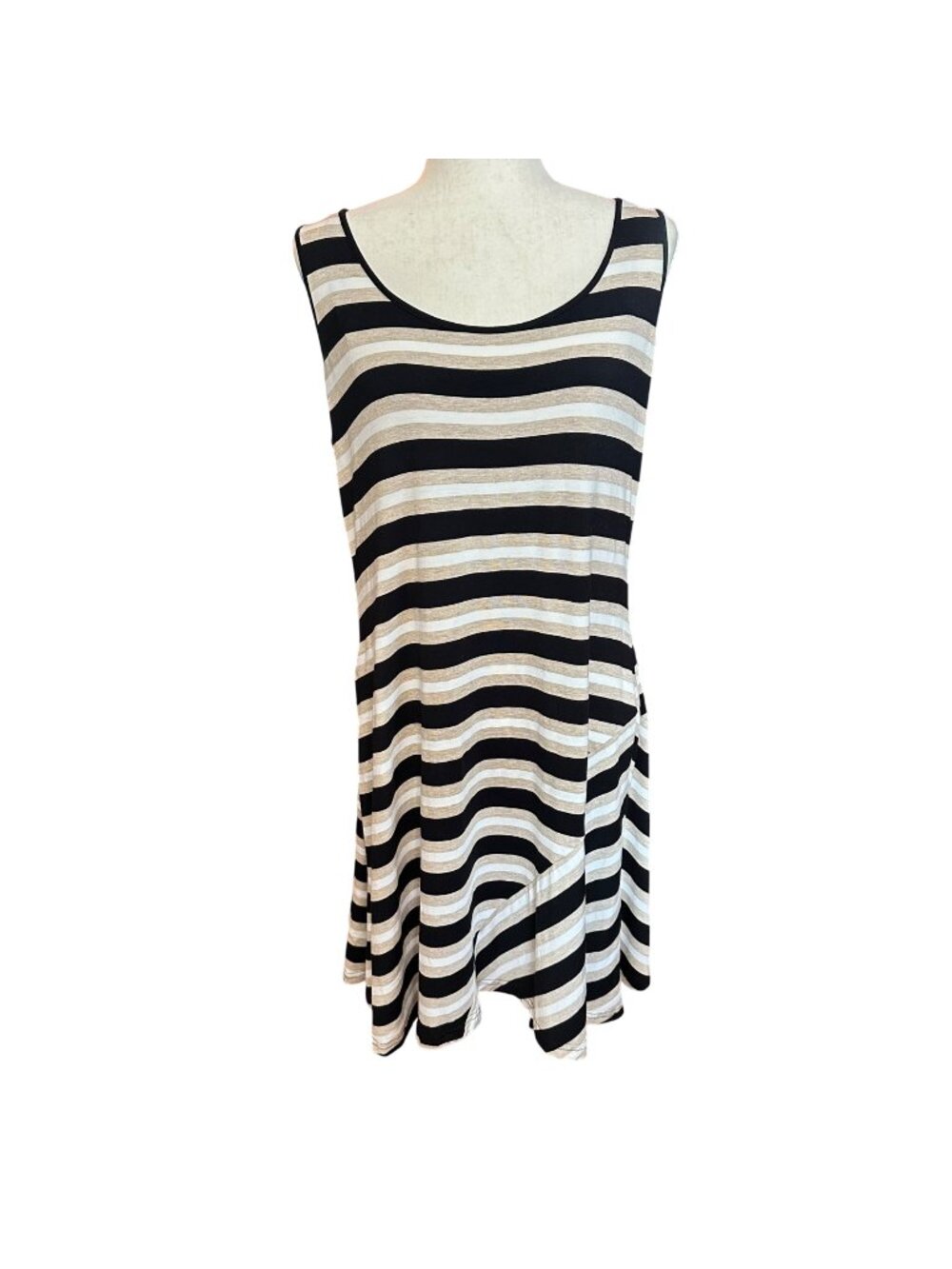 Calvin Klein Dress Women 14 Black White Tan Stripe Sleeveless A Line Tank